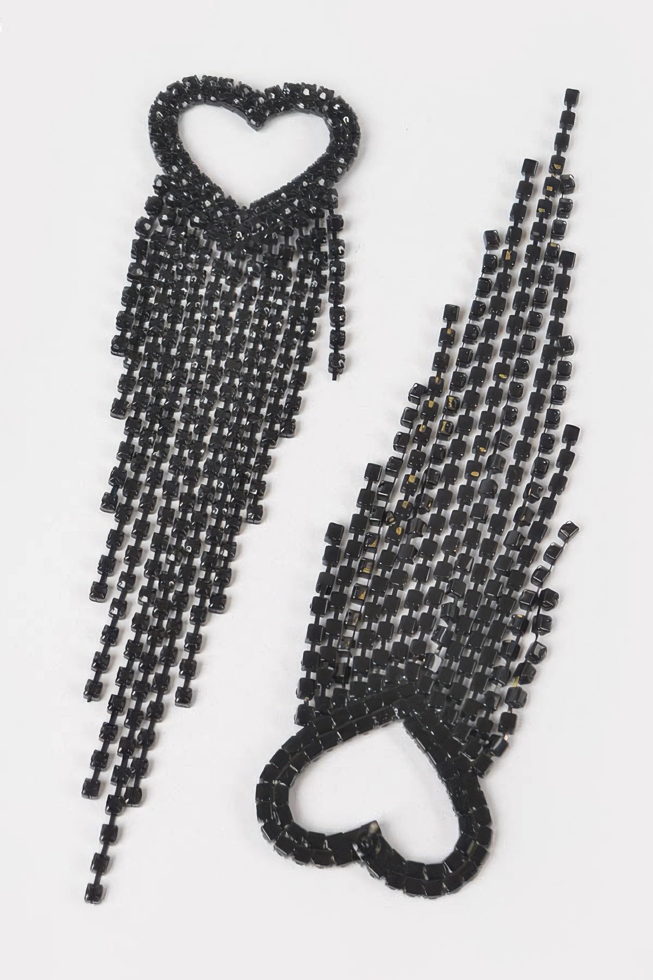 Black rhinestone heart fringe earrings, heart stud top with stacked bead strands