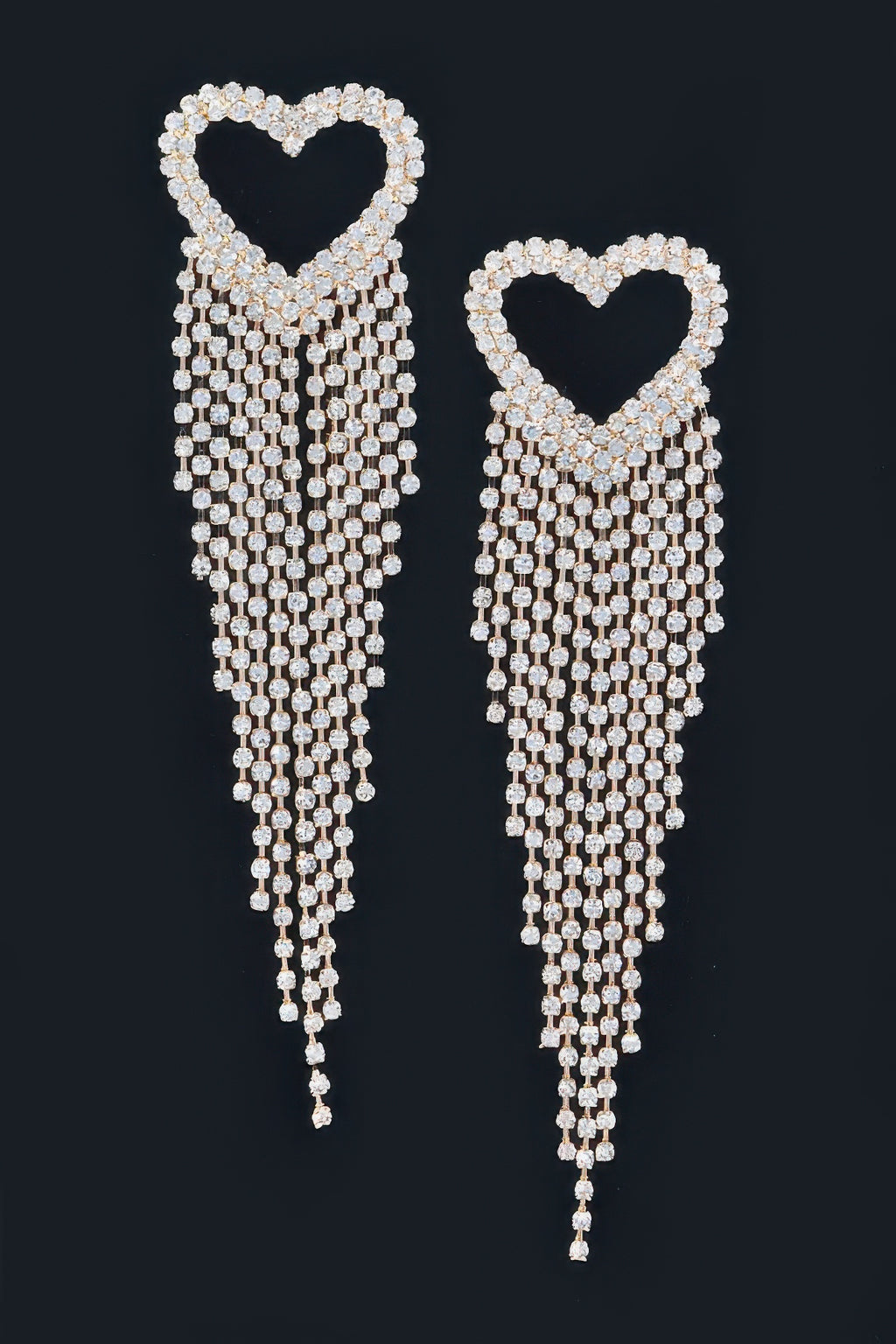 Rhinestone heart fringe earrings, silver-tone bead strings with dangling tassels