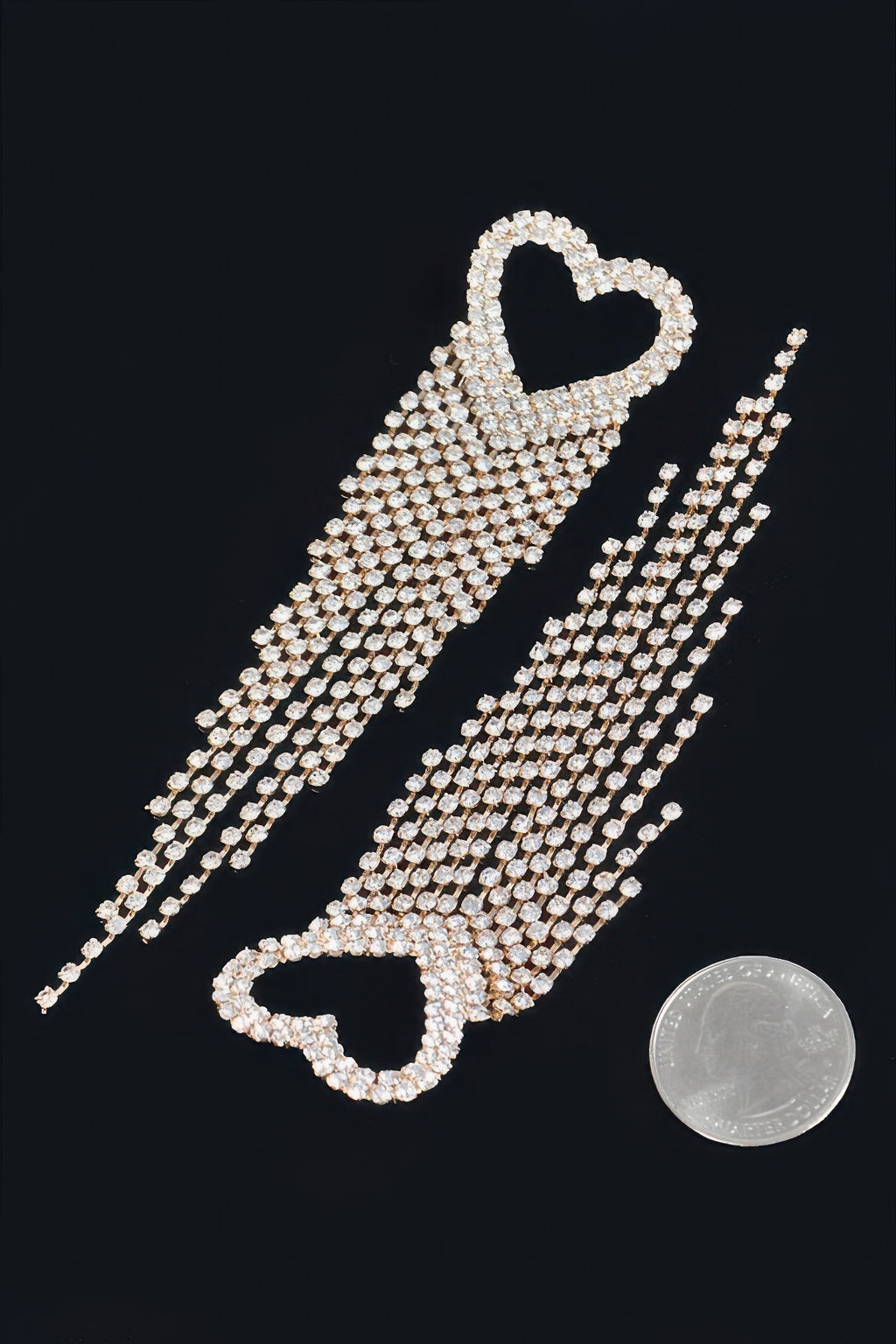 Gold rhinestone heart fringe earrings with sparkling bead tassel fringe strands