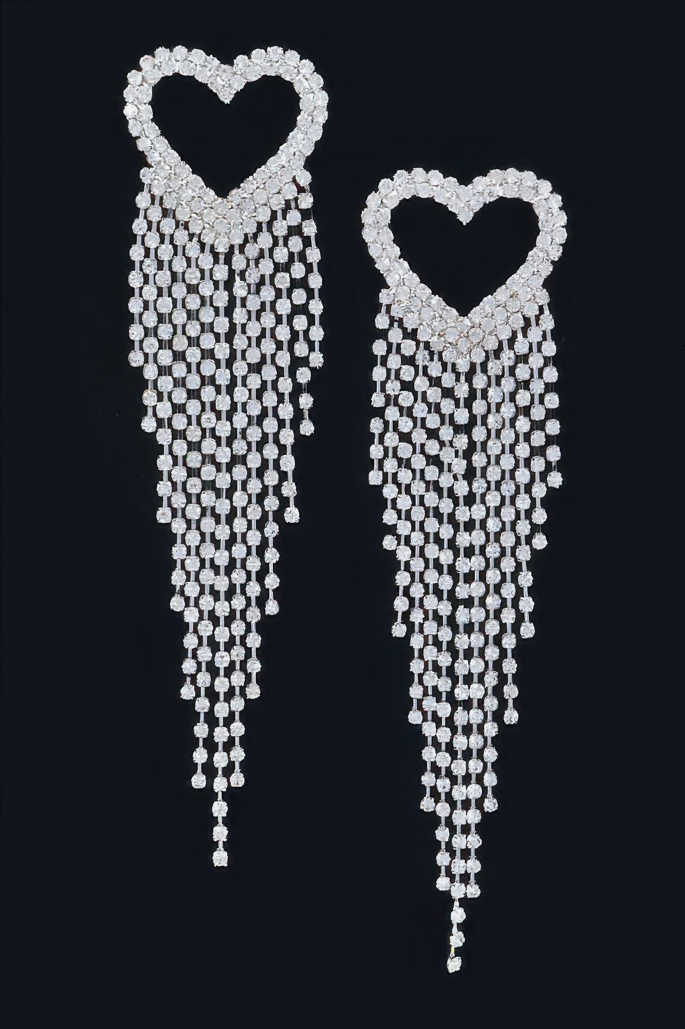 Silver-tone rhinestone heart fringe earrings, multiple dangling bead rows