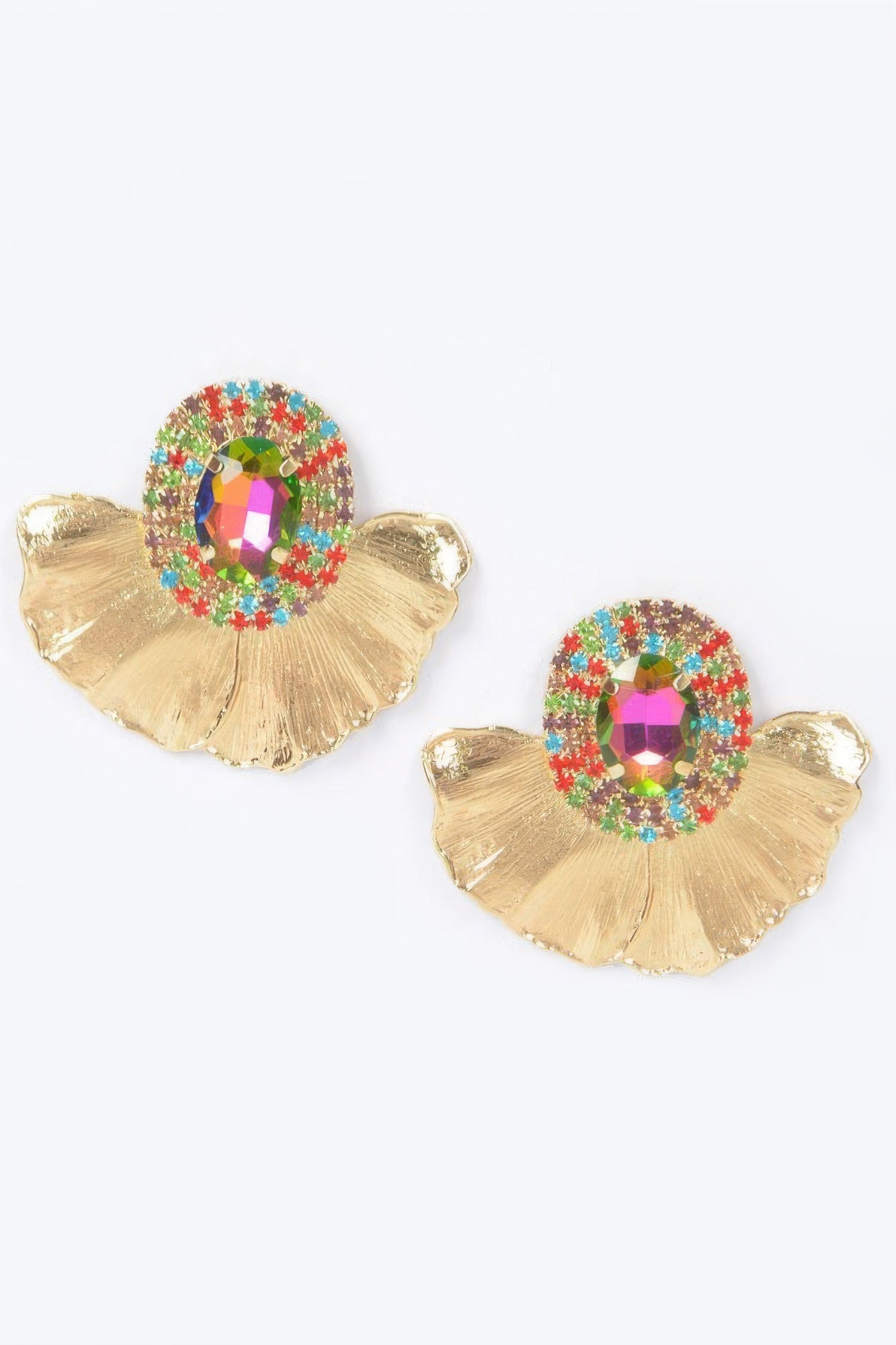 Multicolor rhinestone metal earrings with oval crystal and gold-tone fan backing