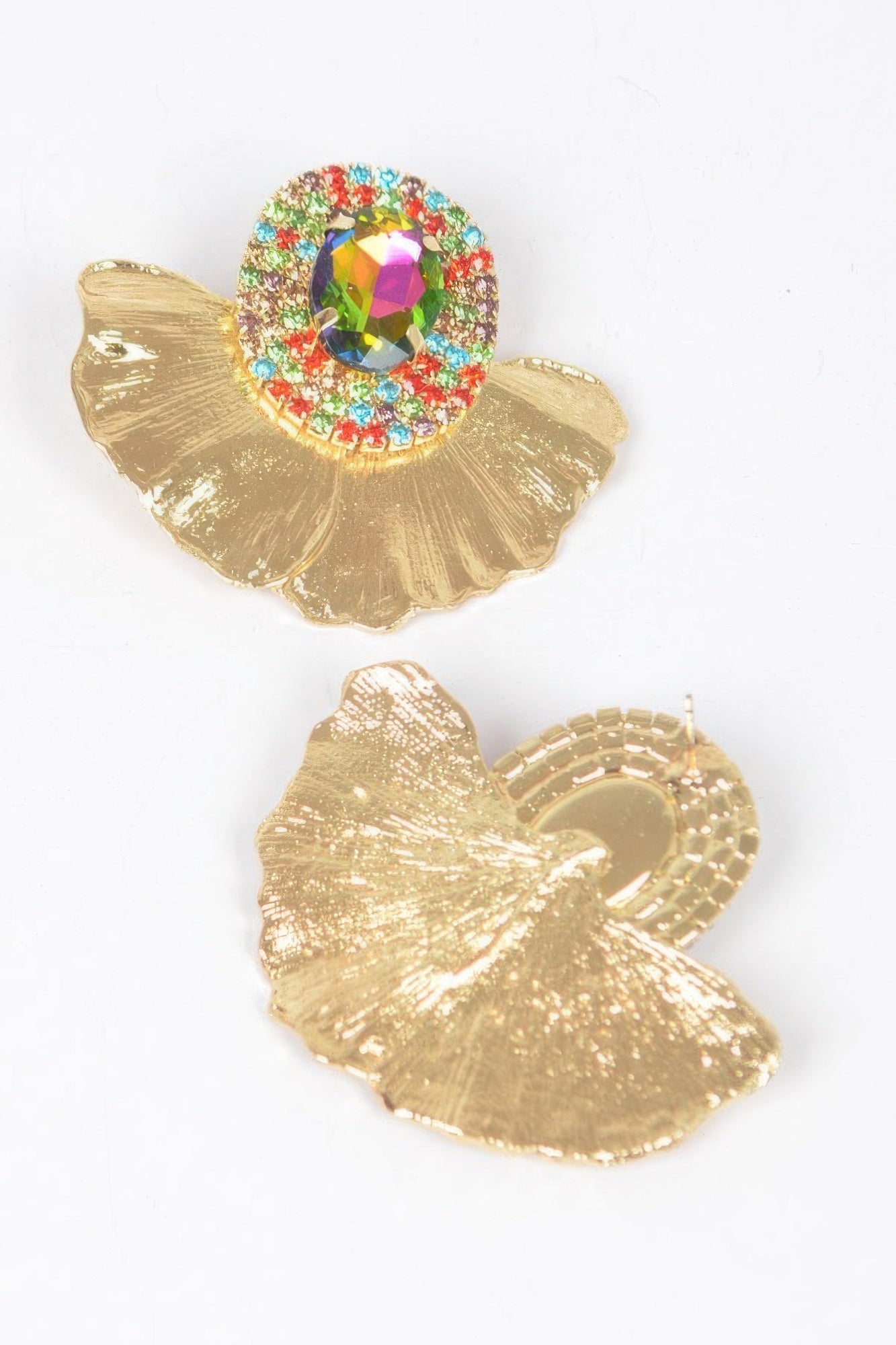Multicolor rhinestone metal earrings, jeweled oval front with colorful halo, gold fan