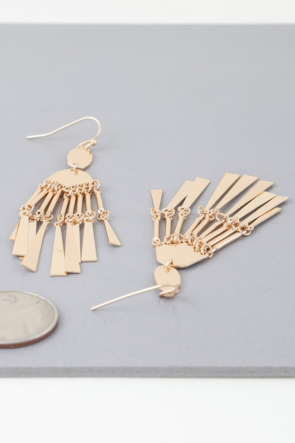 Gold-tone dreamcatcher earrings, fan of small plates with chain tassel