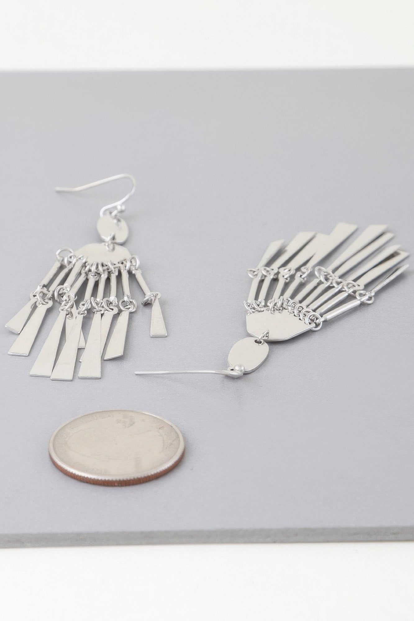 Silver-tone dreamcatcher earrings, fan of plates with chain tassel