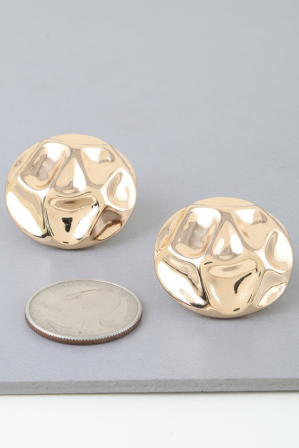 Shiny gold hammered dome stud earrings, pair with textured raised pattern