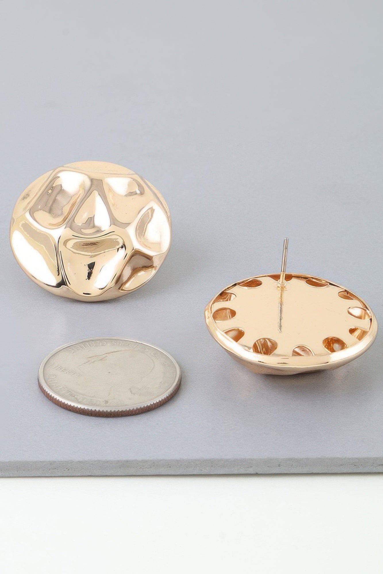 Gold hammered dome earrings with ear post, textured domed back stud style