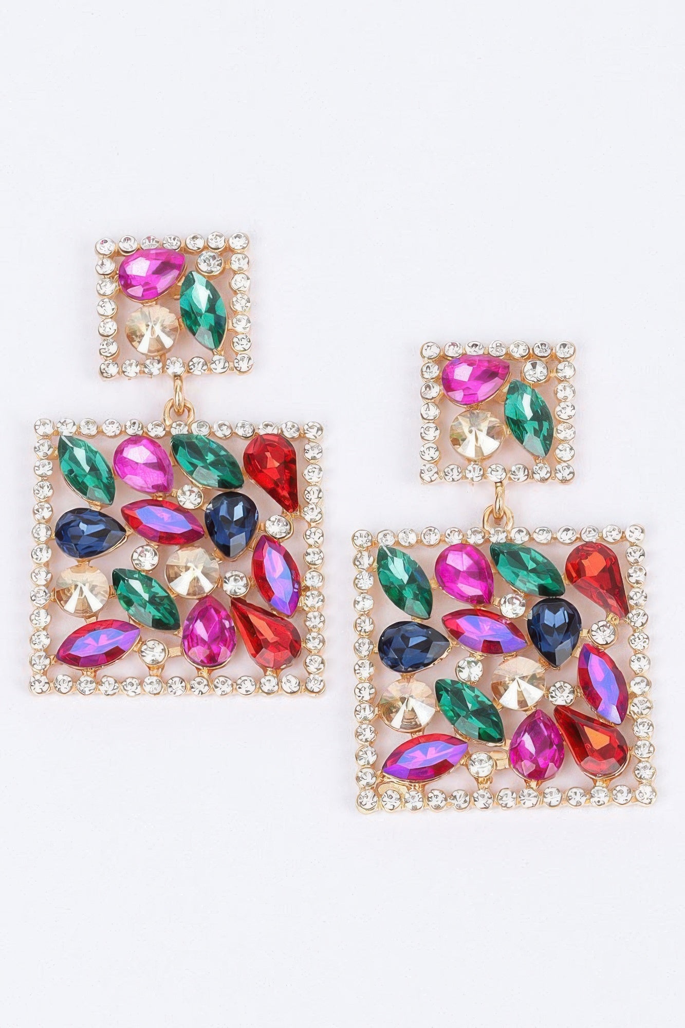 Square dangle rhinestone earrings, multicolor gems with gold-tone square frames