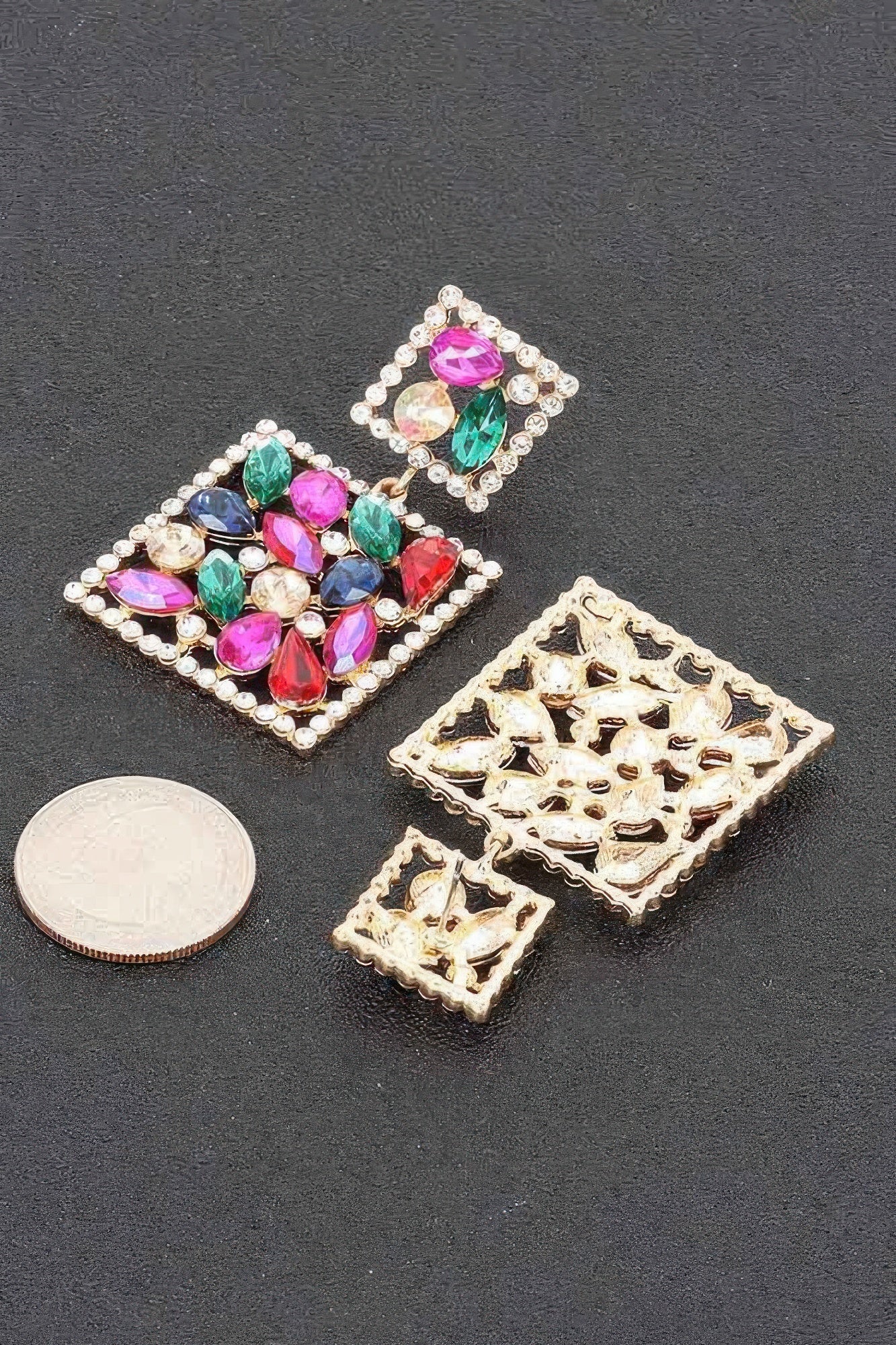 Multicolor square dangle rhinestone earrings with pink, green, blue and red stones