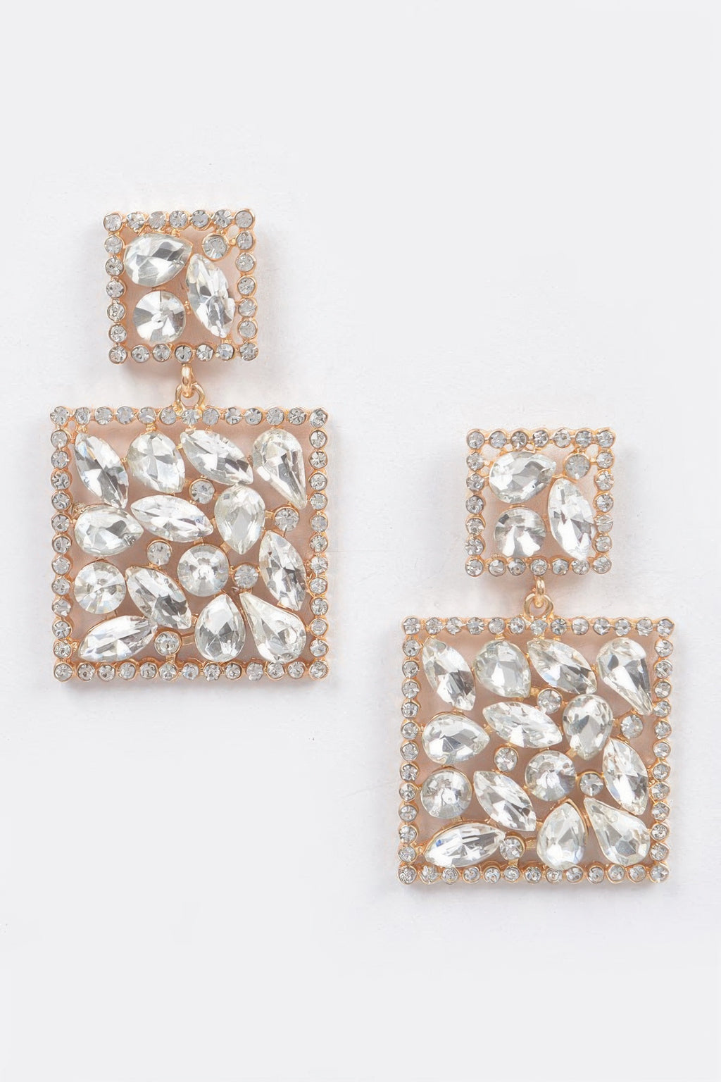 Square dangle rhinestone earrings, clear gems with gold-tone square dangling design
