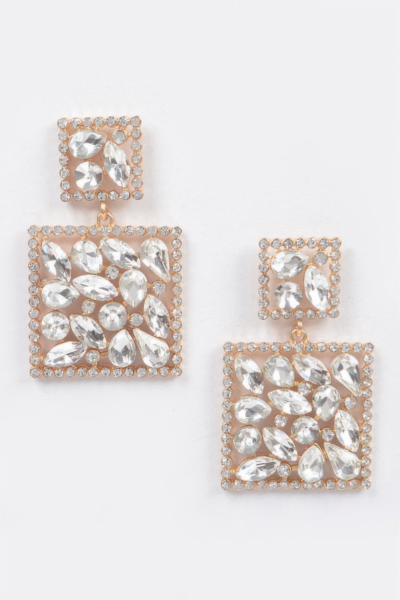 Square dangle rhinestone earrings, clear gems with gold-tone square dangling design
