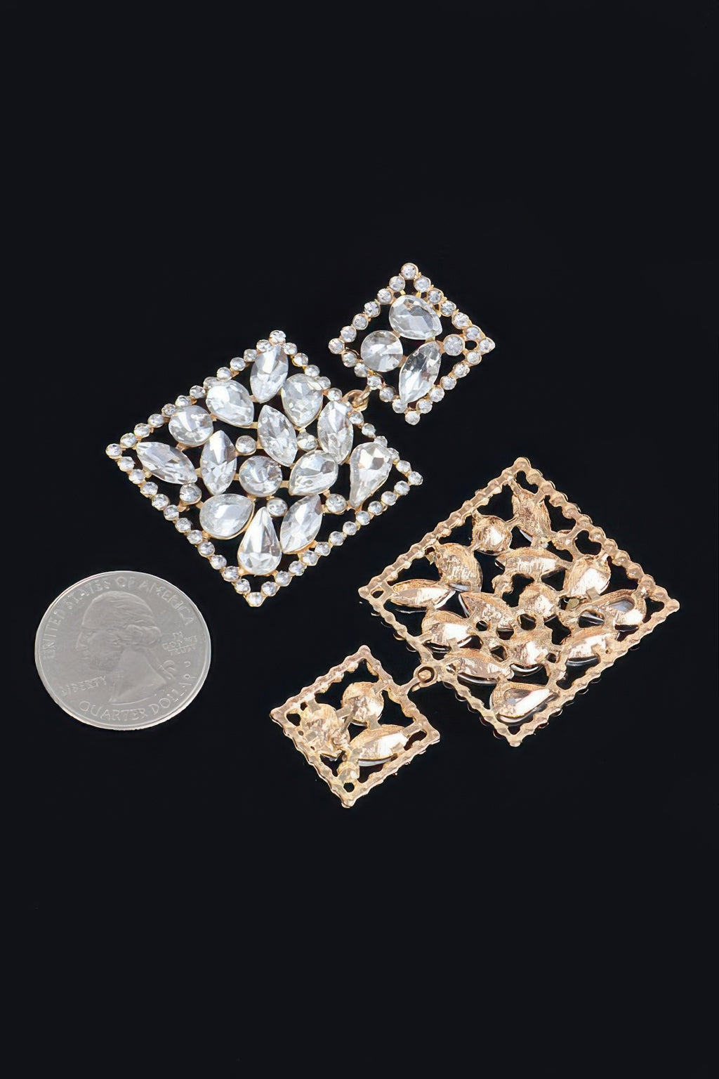 Clear square dangle rhinestone earrings with crystal stones and gold-tone filigree squares