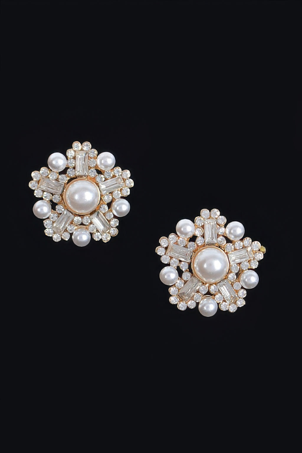 Starburst faux pearl earrings with round faux pearl center and crystal surround, gold-tone
