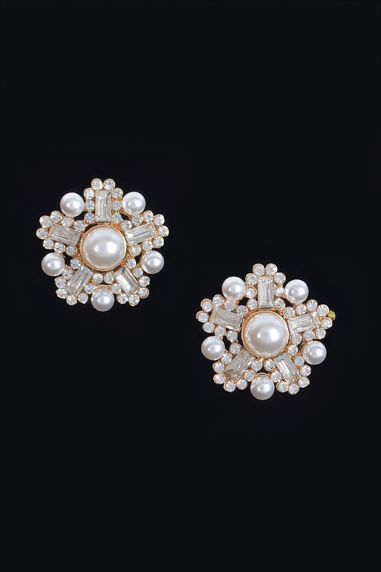Starburst faux pearl earrings with round faux pearl center and crystal surround, gold-tone