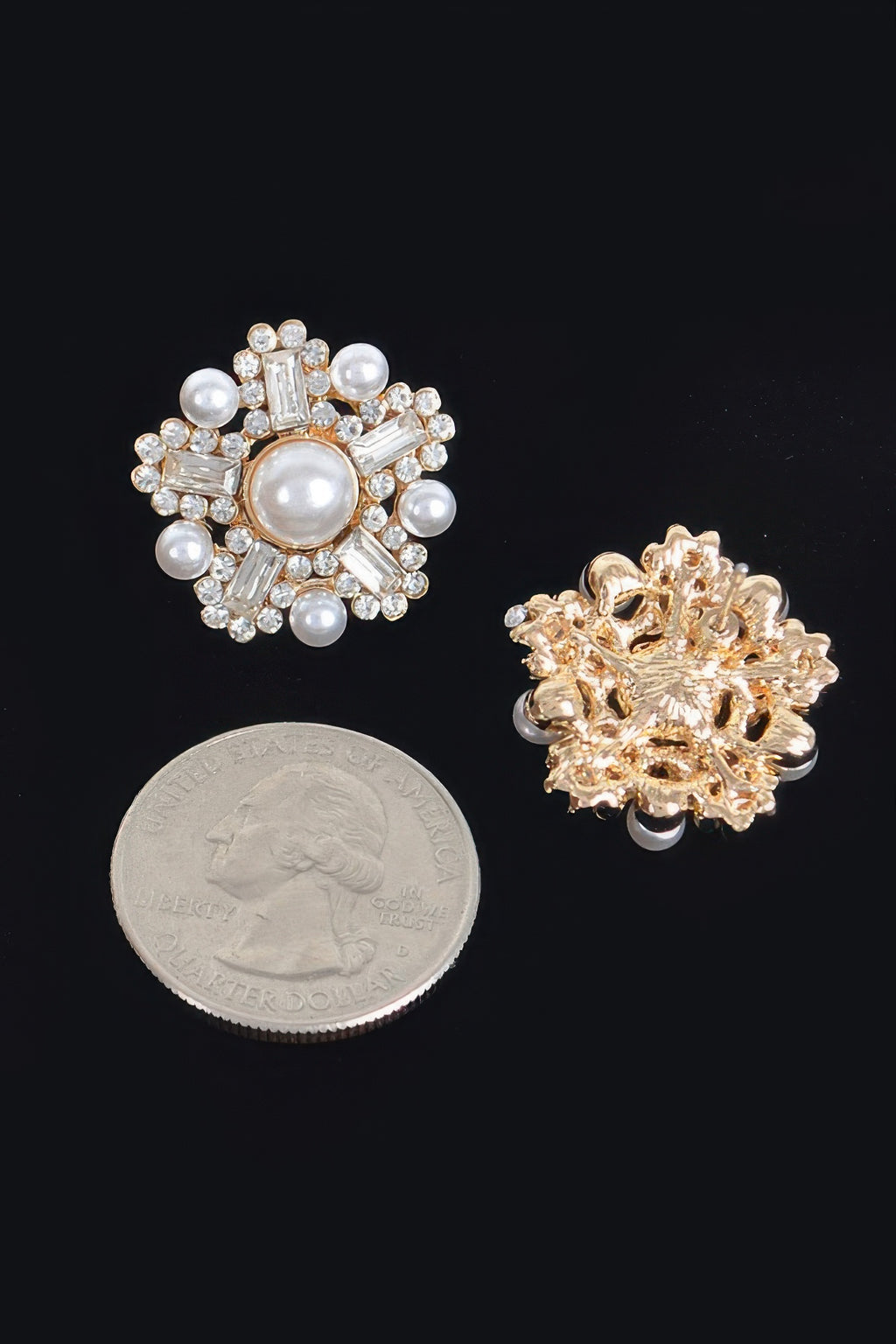 Gold-tone starburst faux pearl earring, crystal and pearl clusters, rear view