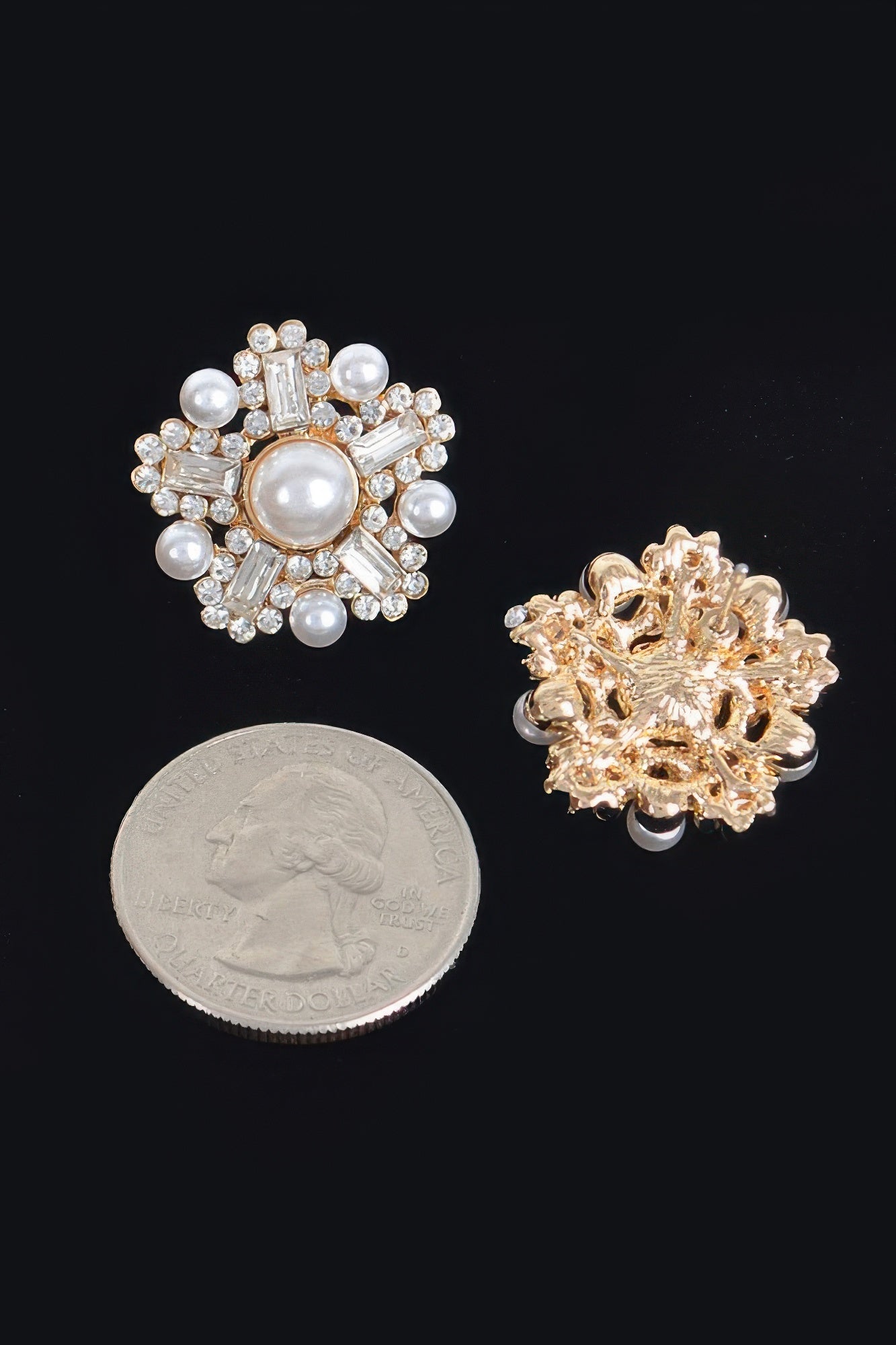Gold-tone starburst faux pearl earring, crystal and pearl clusters, rear view