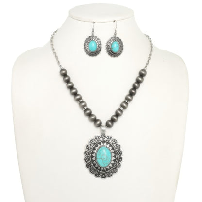 Western Oval Turquoise Concho Beaded Necklace Set - Tigbul's Variety Fashion Shop