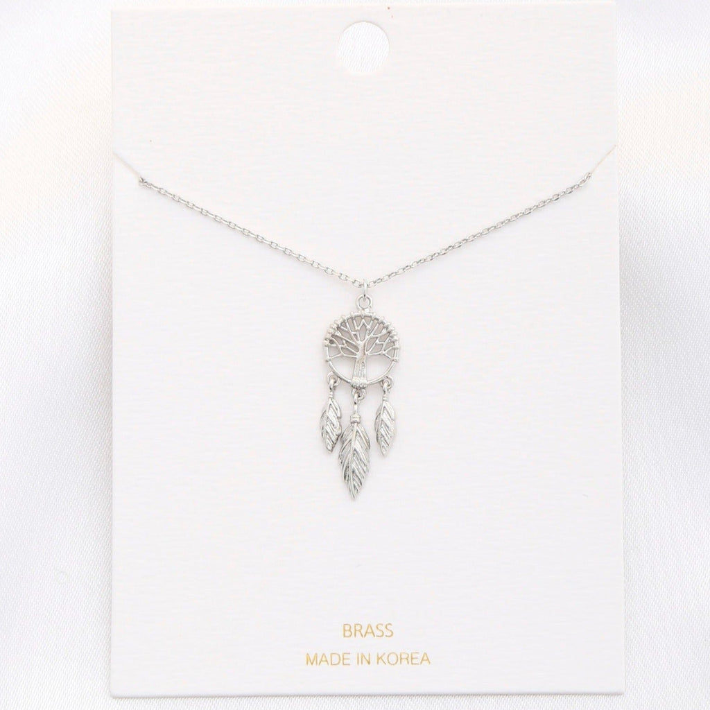 Dainty dream catcher pendant necklace with rhodium-tone chain and leaf charms
