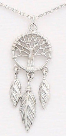 Silver necklace with a tree of life pendant on a white card