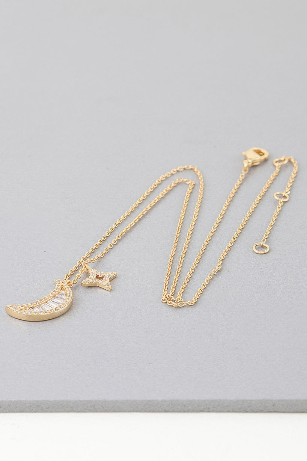 Jeweled Sun N Moon necklace, gold tone chain with crescent moon and star charms