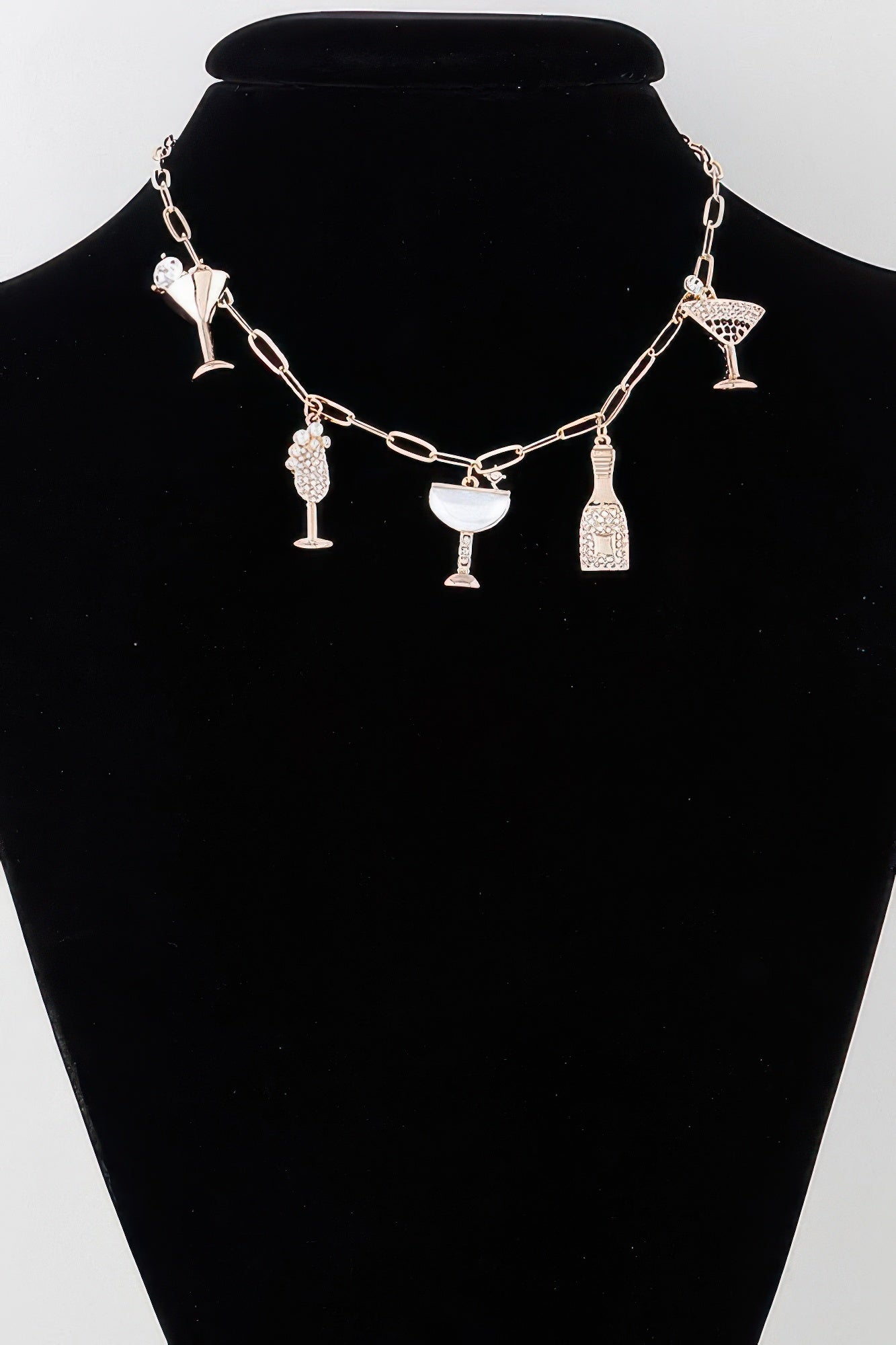 Gold-clear party drinks charm necklace with linked chain and drink-shaped pendants
