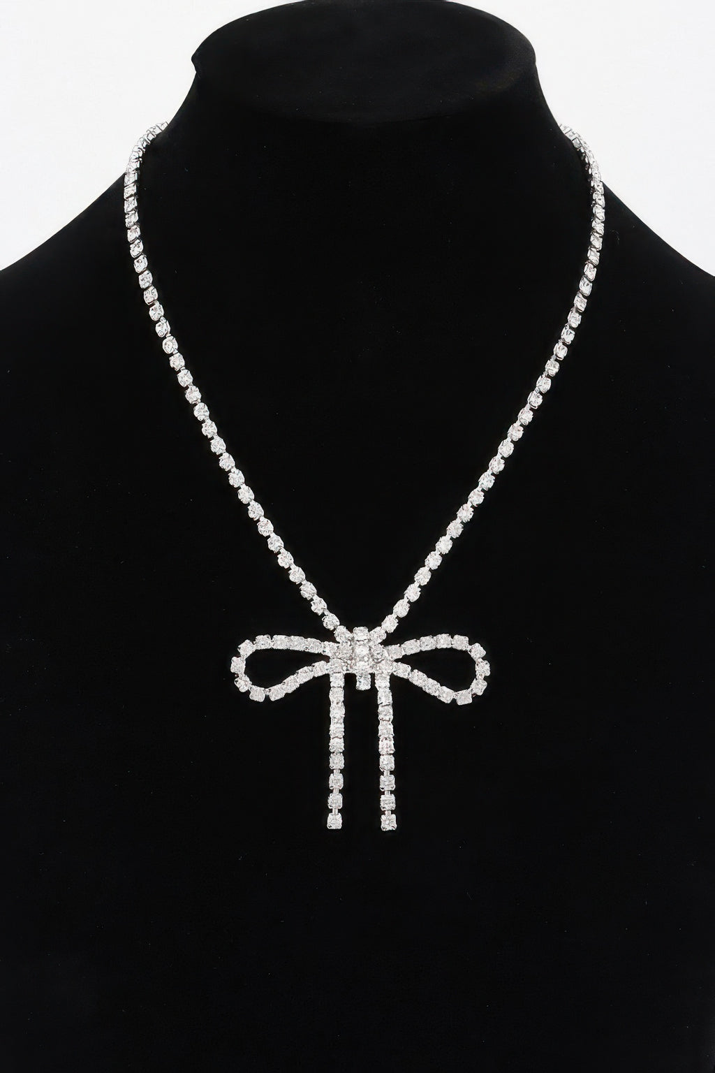 Rhinestone bow necklace, silver-clear stones with matching bow pendant