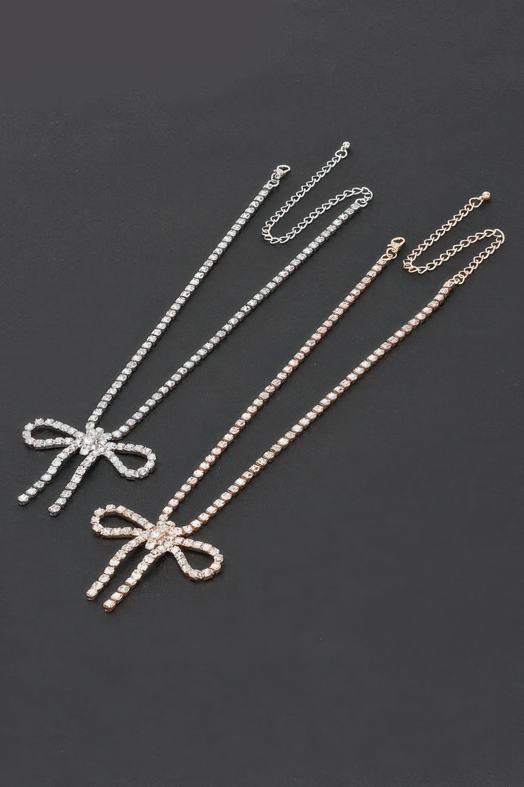 Rhinestone bow necklaces set: silver-clear and gold-clear chains with bow pendants