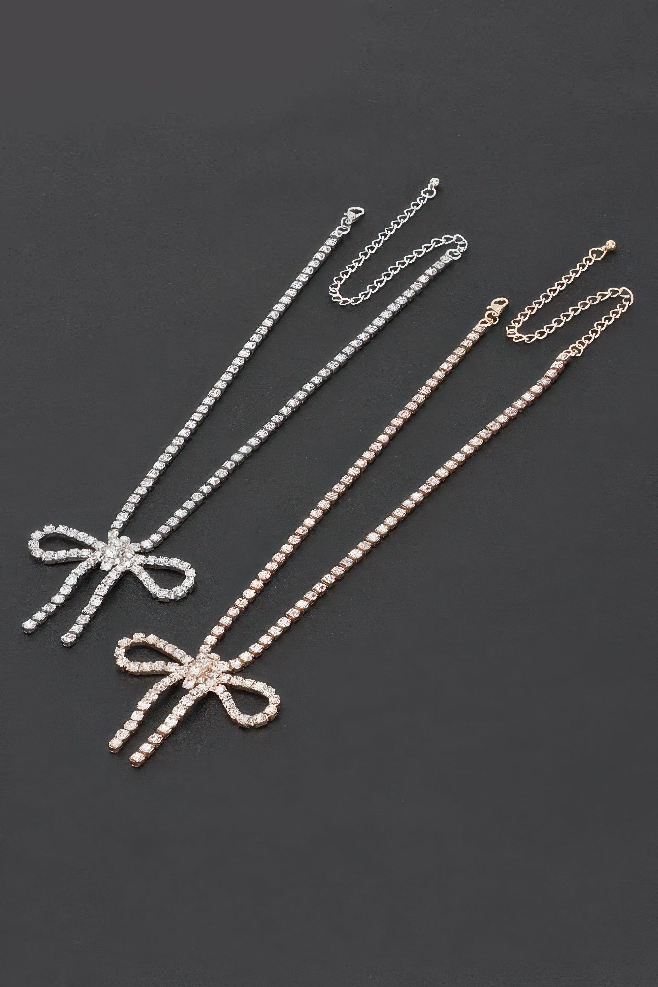 Rhinestone bow necklaces set: silver-clear and gold-clear chains with bow pendants