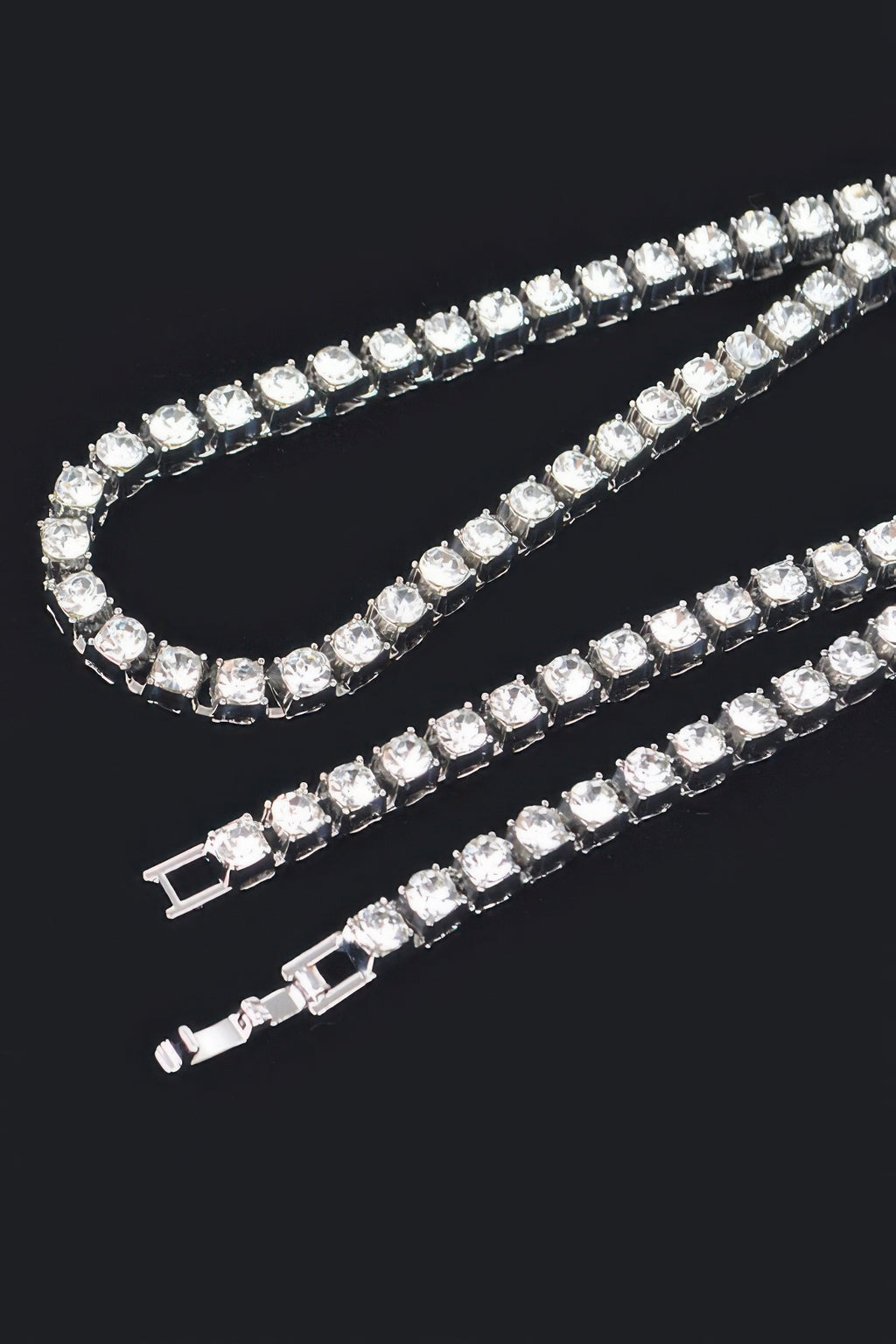 Silver-tone rhinestone chain necklace set with two-layer strands and box clasps