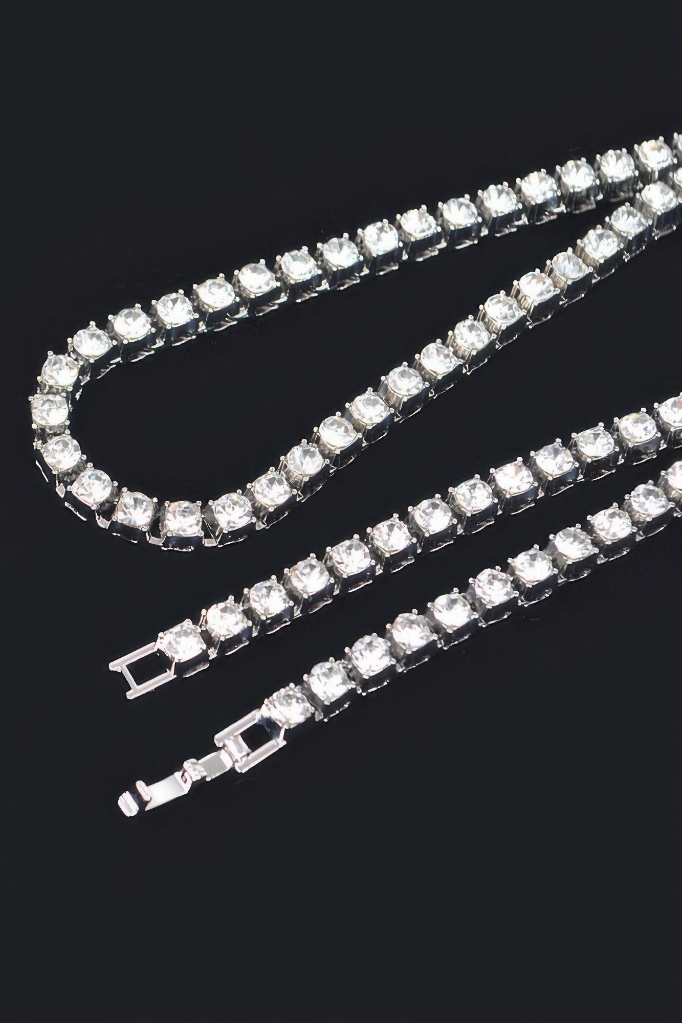 Silver-tone rhinestone chain necklace set with two-layer strands and box clasps