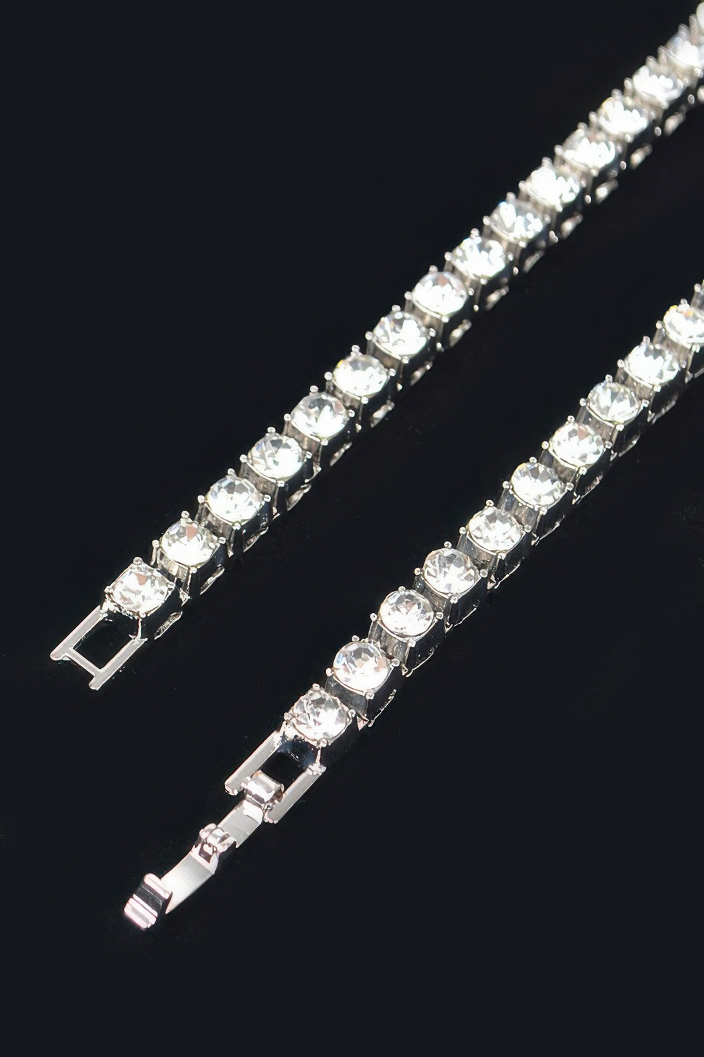Silver-tone rhinestone chain necklace, two rows with rectangular box clasps
