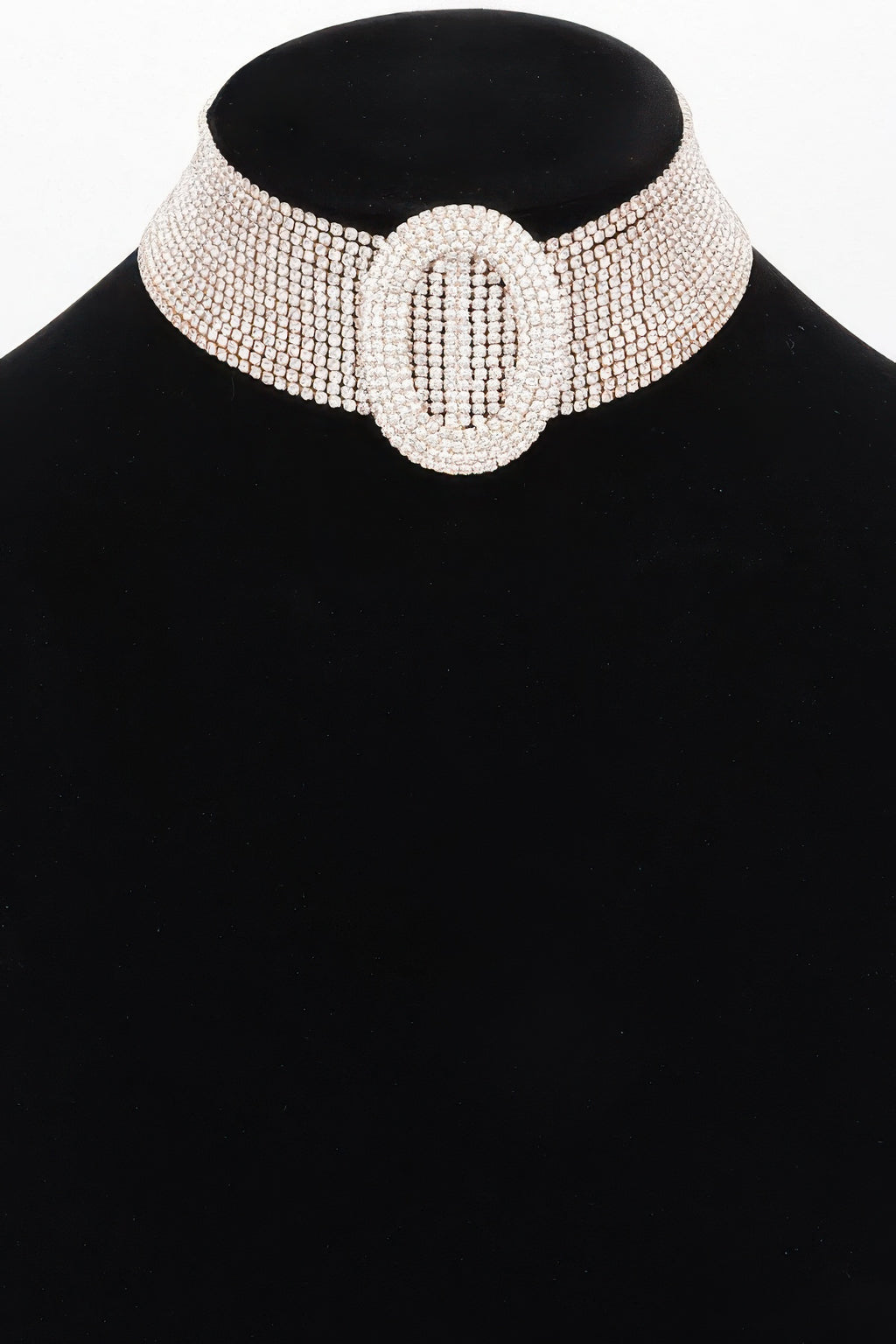 Rhinestone choker necklace with oval clasp, silver-toned stones, wide band