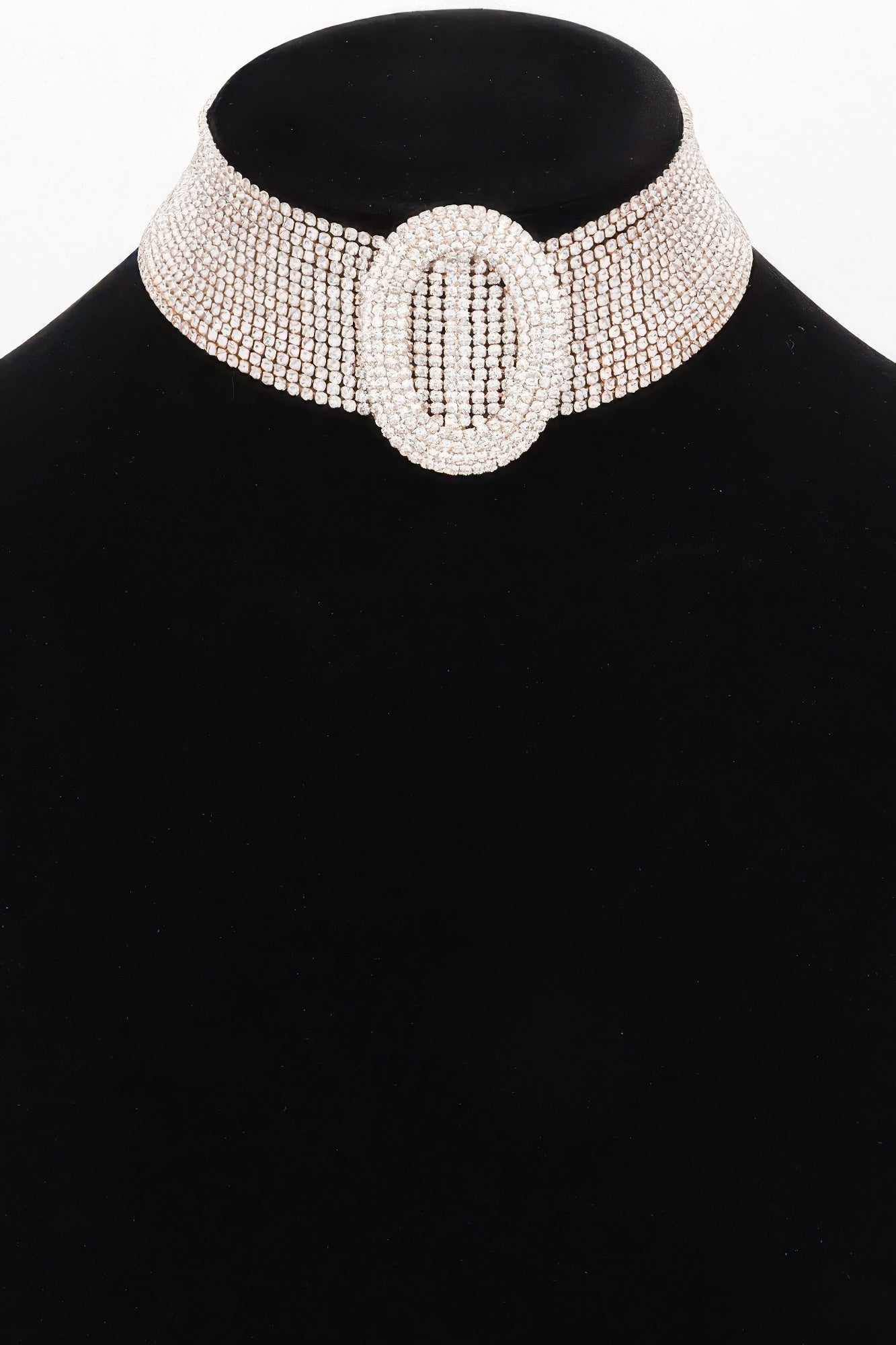Rhinestone choker necklace with oval clasp, silver-toned stones, wide band