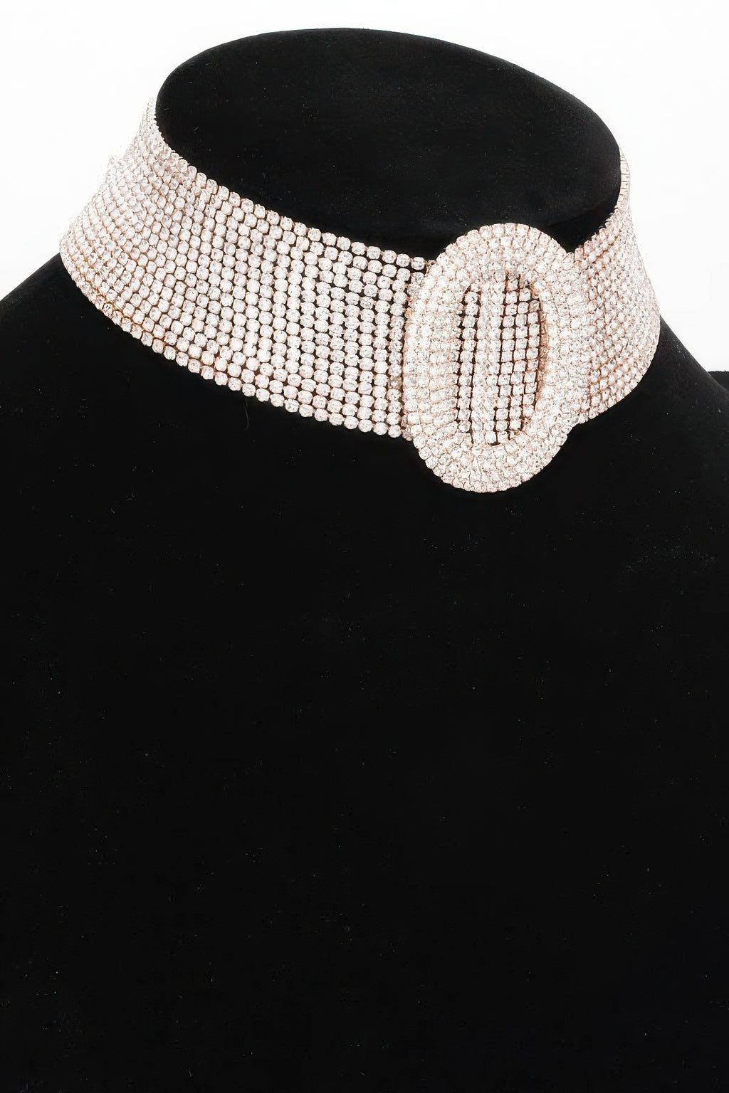 Rhinestone choker necklace on display, wide band with oval front cluster clasp