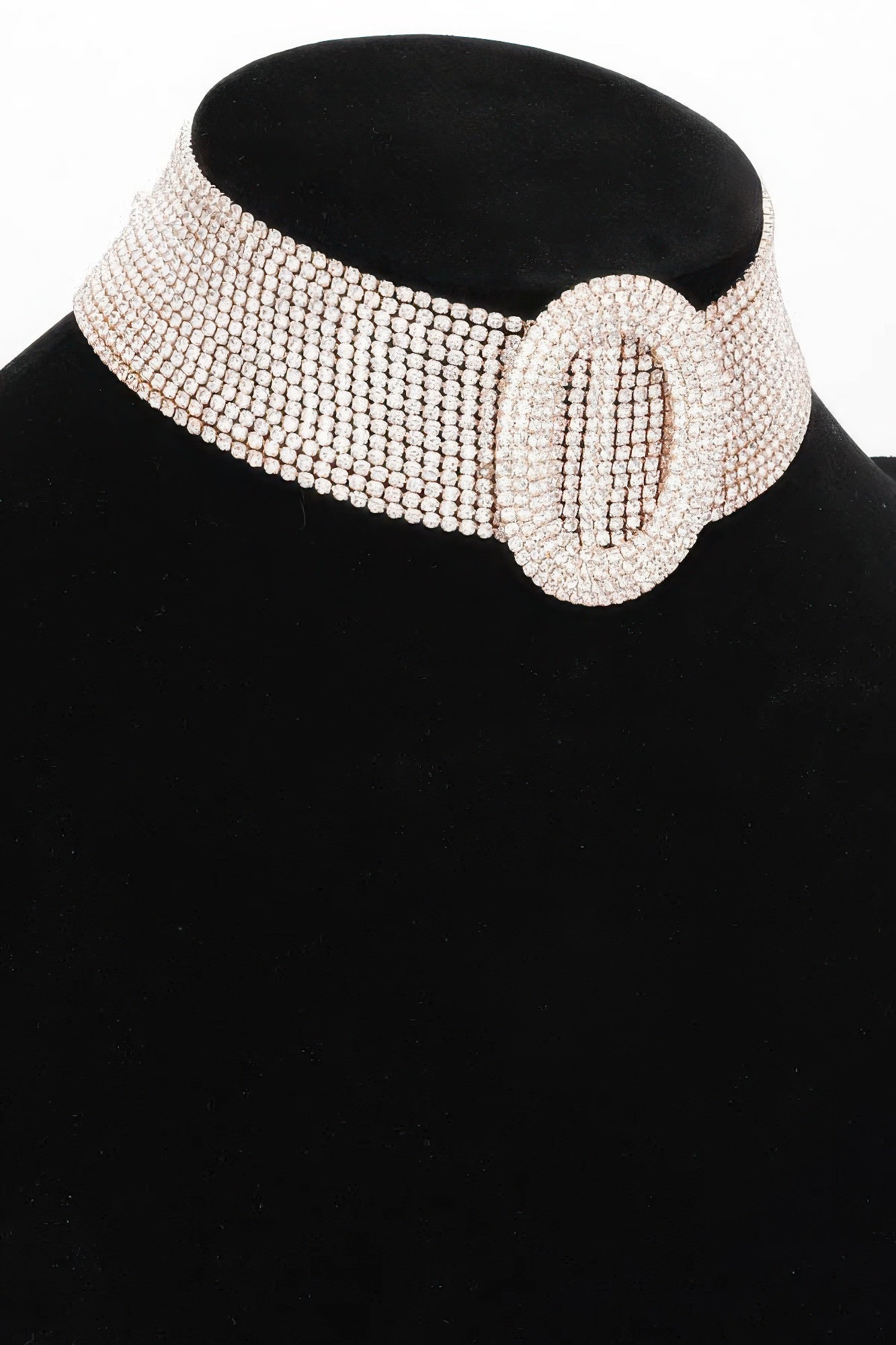 Rhinestone choker necklace on display, wide band with oval front cluster clasp