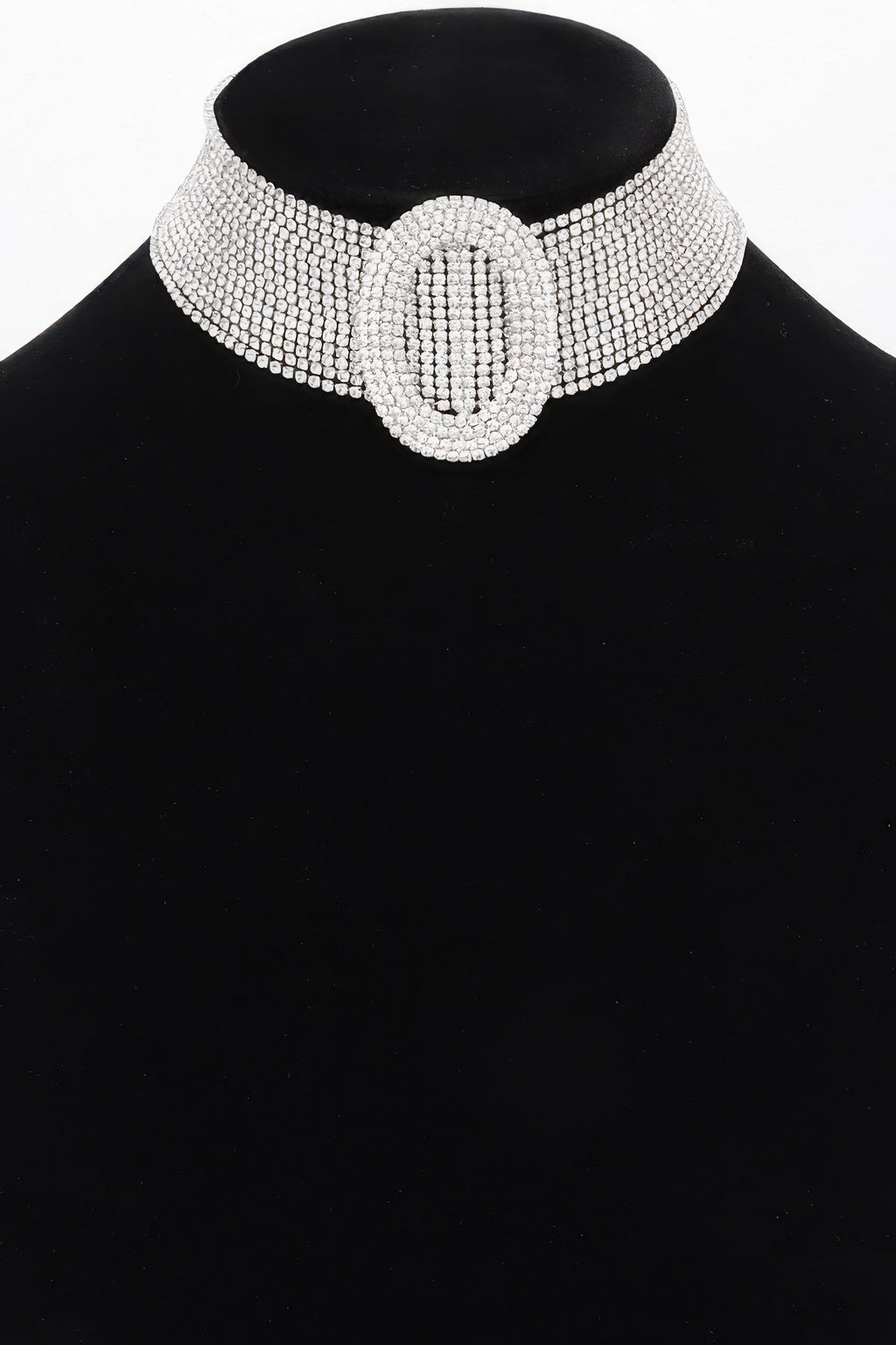 Rhinestone choker necklace, wide sparkle band with center oval stone buckle