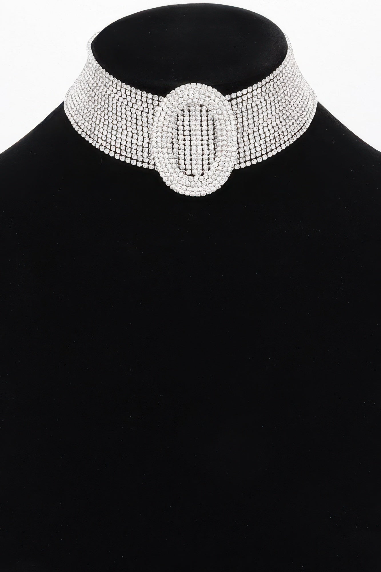 Rhinestone choker necklace, wide sparkle band with center oval stone buckle