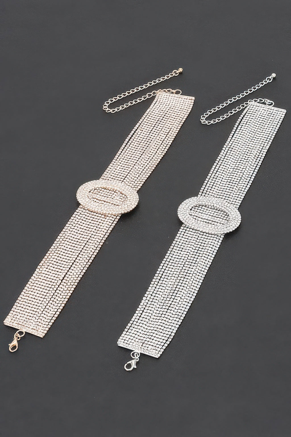 Rhinestone choker necklace detail: oval clasp, extended chain, long band with sparkle
