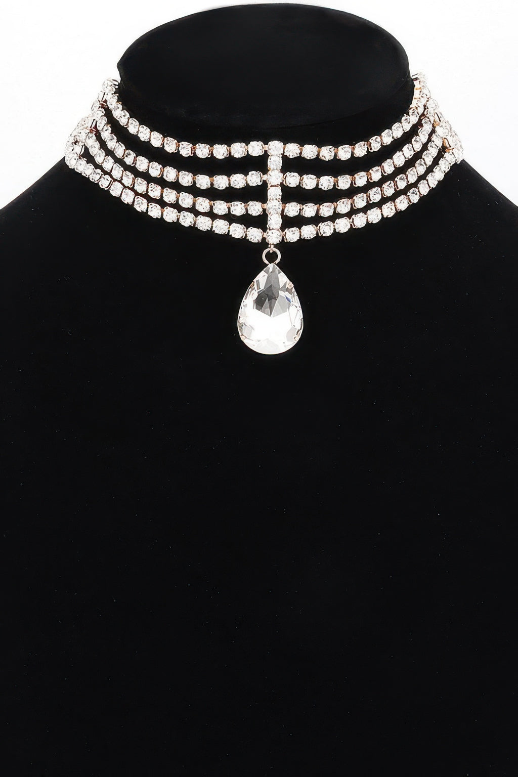 Rhinestone choker necklace with layered clear stones and teardrop pendant