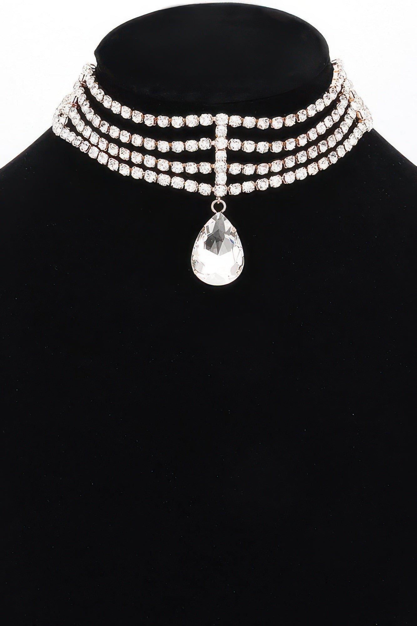 Rhinestone choker necklace with layered clear stones and teardrop pendant