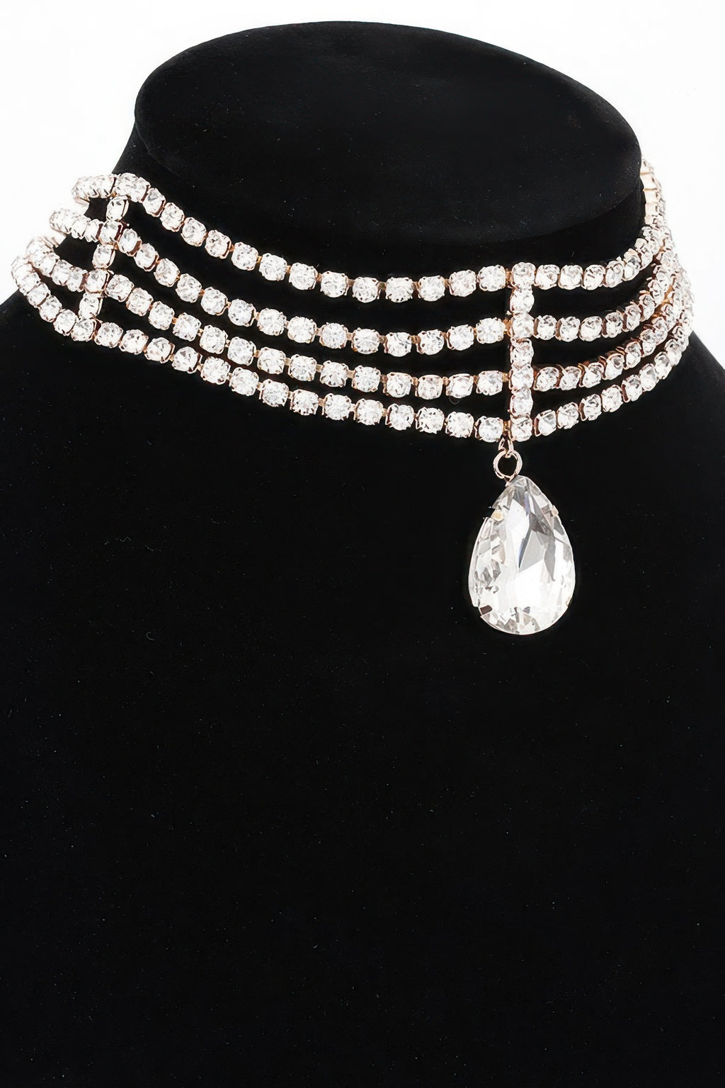 Layered rhinestone choker necklace with clear stones and teardrop drop charm