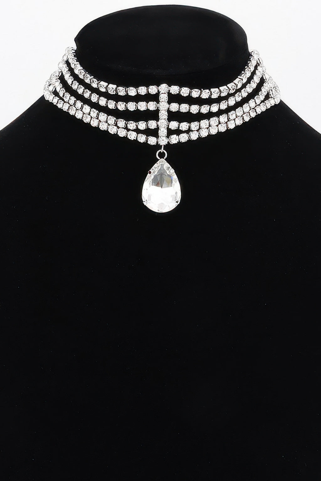 Rhinestone choker necklace with layered rows of clear stones and central teardrop crystal