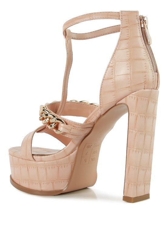 Peach platform zip-up sandals with gold-tone metal chain strap and tall block heel