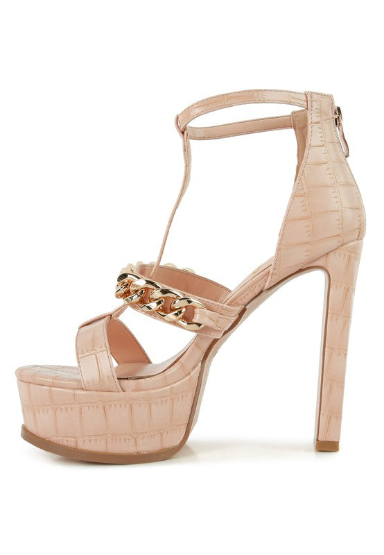 Peach platform zip-up sandals with metal chain front strap and high block heel