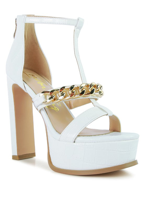 White platform zip-up sandals with chunky gold-tone chain strap and high block heel