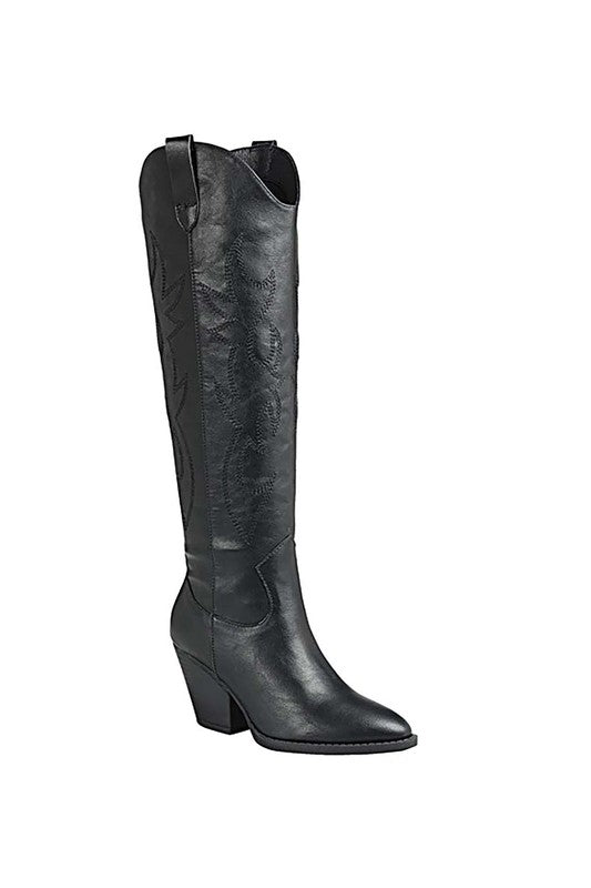 Kniehohe Westernboots in Schwarz, Holz-Absatz, spitzer Zehenbereich