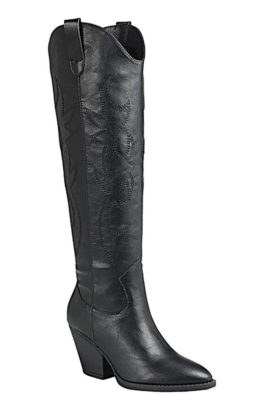 Schwarze Kniehohe Western-Stiefel mit Ziernähten und Blockabsatz