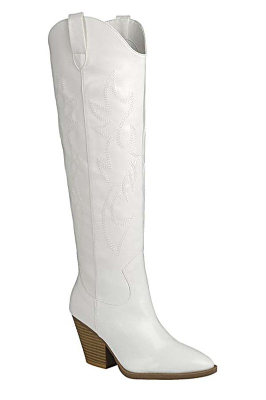 Weiße Kniehohe Western-Stiefel mit Lasche am Schaft und Blockabsatz