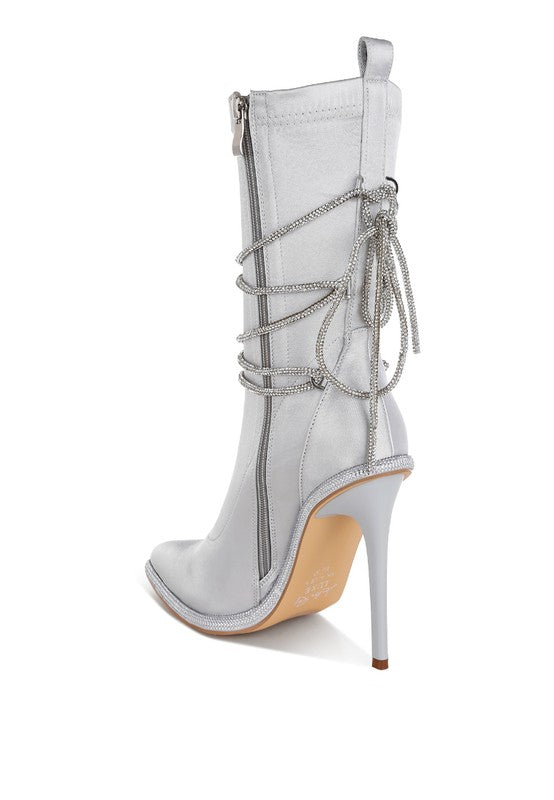 Light silver calf boots with rhinestone straps, tassel detail, 4-inch heels