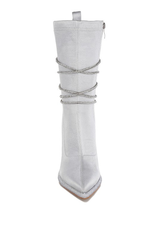 Light silver calf boots with rhinestone straps around the leg, 4-inch heels