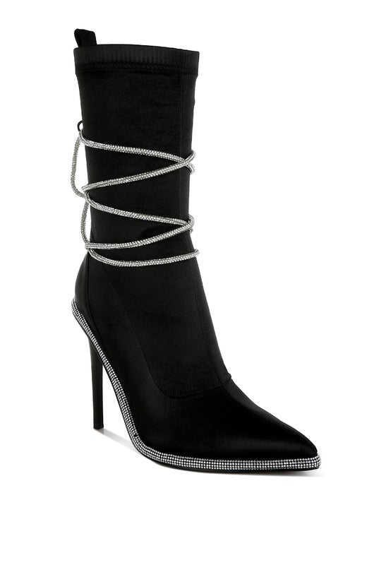 Black calf boots with rhinestone strap bands and 4-inch heels, pointed toe